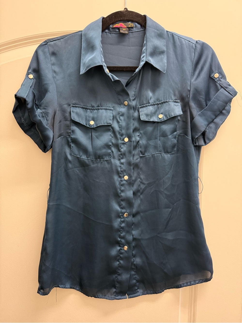 Forever 21 Navy satin/silky  snap Button-Down Shirt